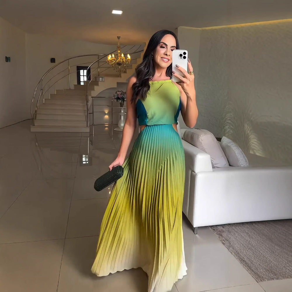 Women Clothing Elegant Halter Pleated Gradient Color Dress Maxi Dress