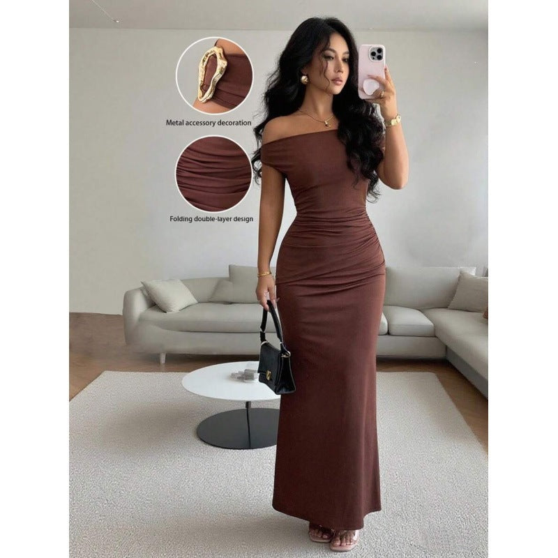 Summer Elegant Pleated Slim Slimming Boat Neck Dress