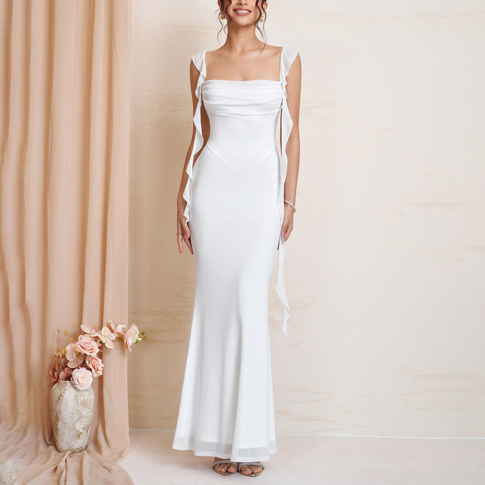 Summer Mesh Cami Dress Sexy Backless Square Collar Pleated Ribbon Cinched Slimming Maxi Dress