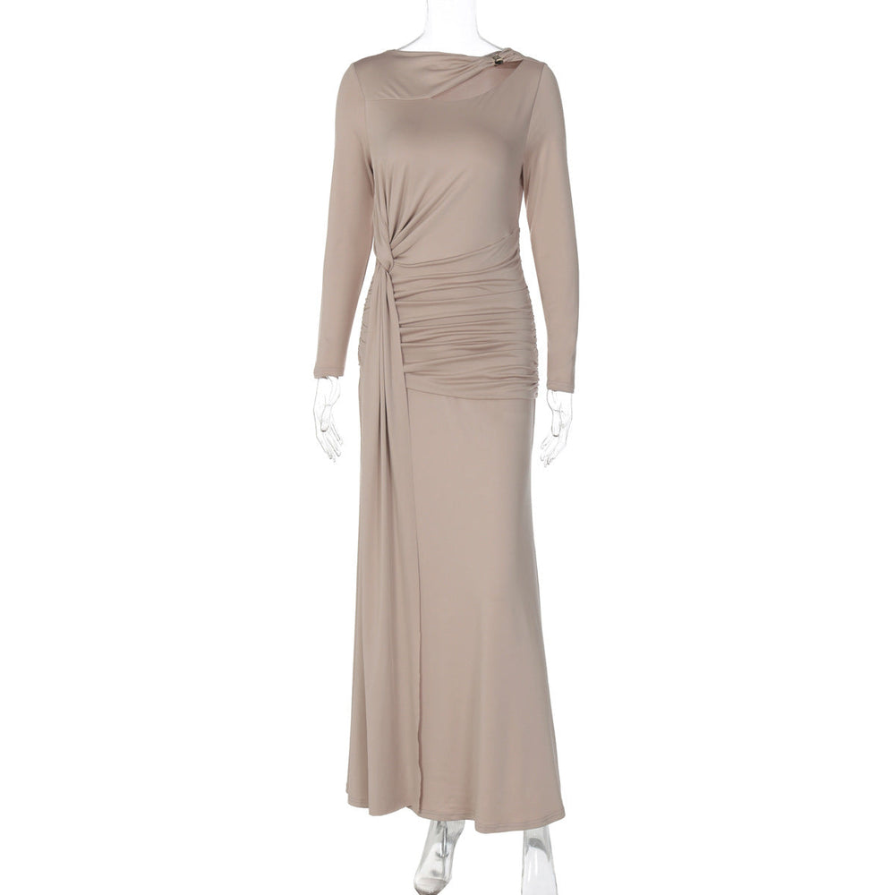 French Women Clothing Autumn Slim Pleated Waist Tight Irregular Asymmetric Long Sleeve Dress
