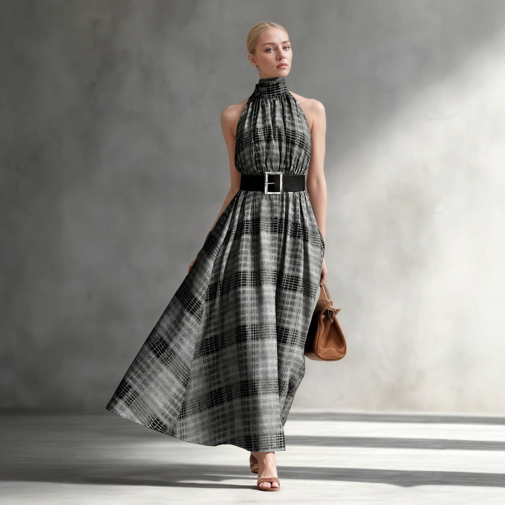 Halter Sleeveless Plaid High Waist Lace up Waist Draping Effect Large Hem A line Dress French Dress