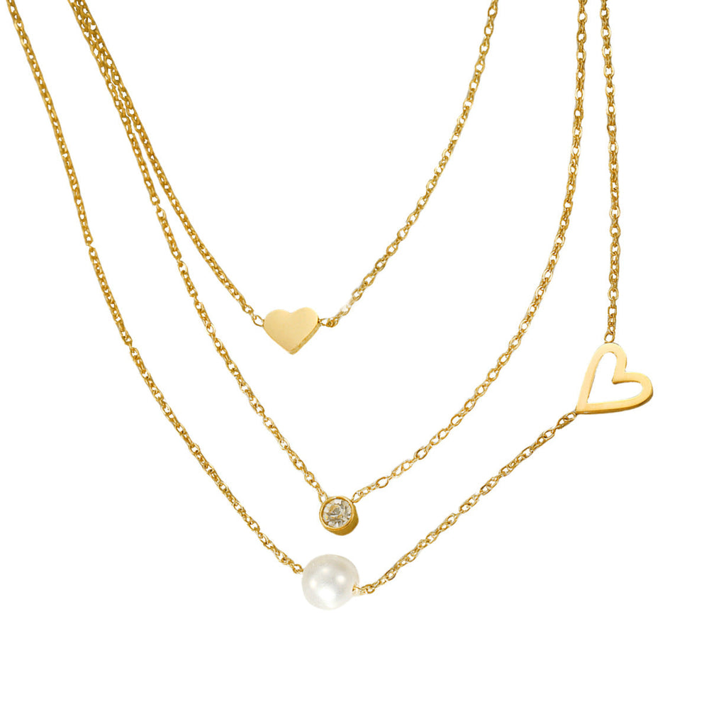 Fashionable Simple 18K Gold Stainless Steel Lovely Pearl Zircon Clavicle Three Chain Twin Necklace for Women