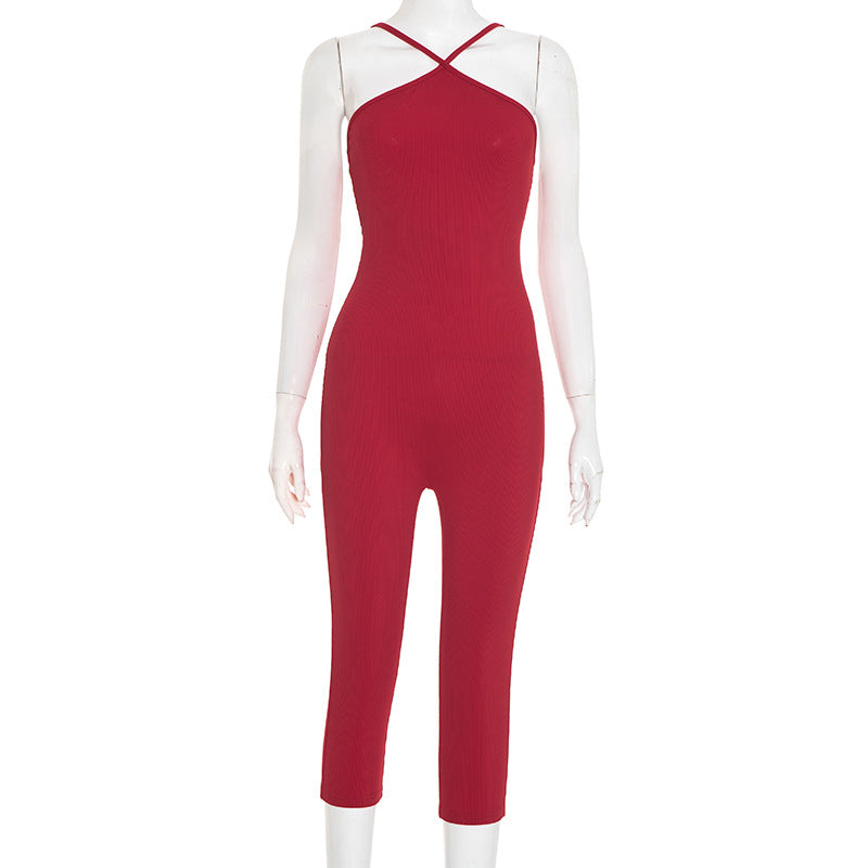 Women Clothing Autumn Solid Color Casual Slim Fit Halter Spaghetti Straps Backless Sleeveless Jumpsuit