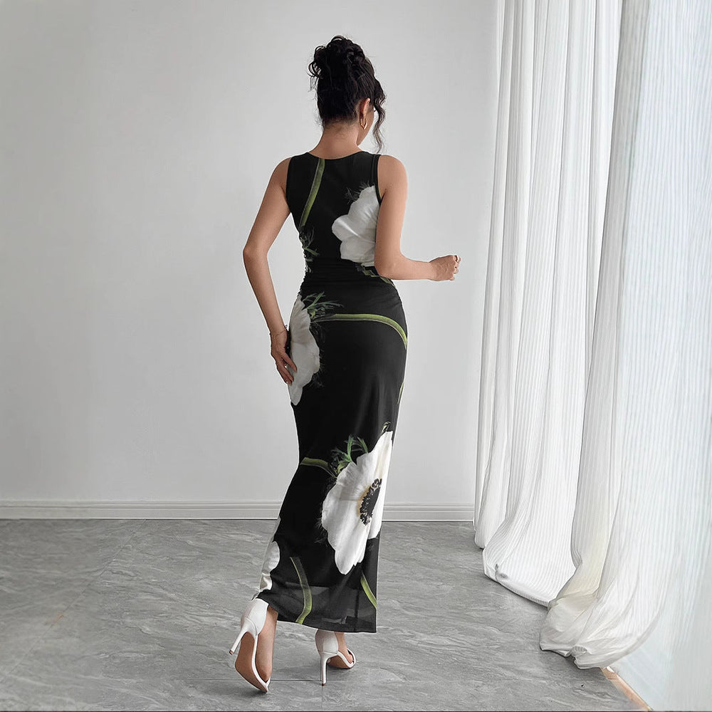 Spring Summer Women Black Mesh Floral Print Sleeveless Maxi Dress