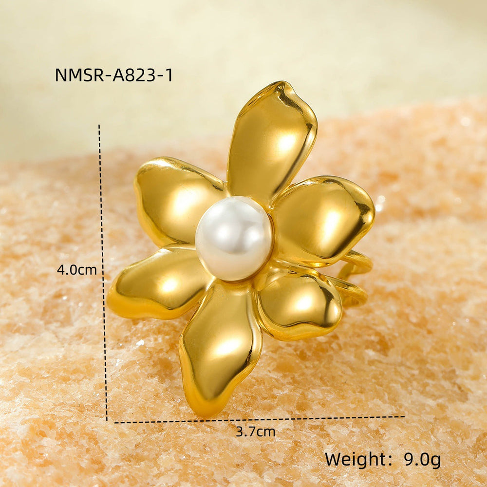 All Match Stainless Steel 18K Gold Plating Irregular Asymmetric Petals Colorful Natural Stone Titanium Steel Open End Ring for Women