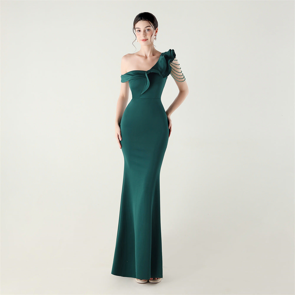 Ruffled One Shoulder Heavy Industry Beads String Slim Fit Satin Fishtail Evening Dress Wedding Red Carpet Cocktail Dress