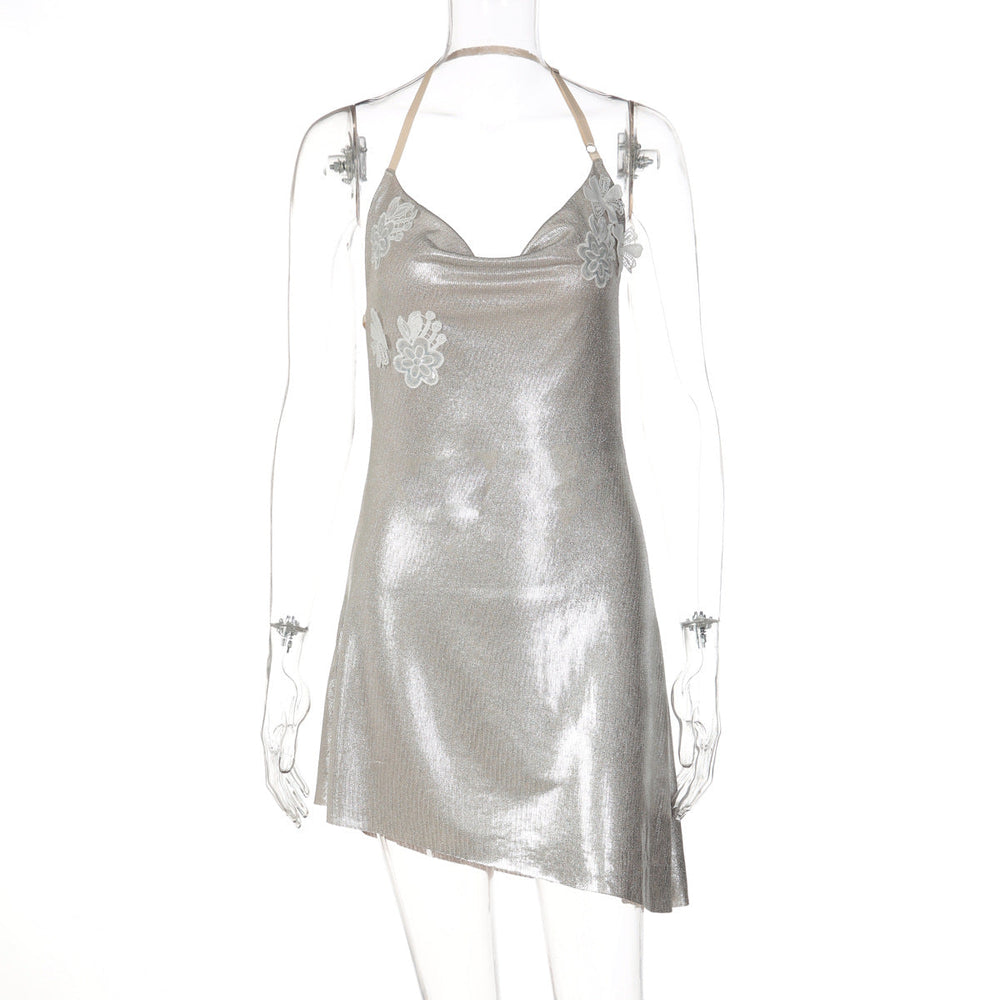 Spring Women Clothing Halter Swing Collar Sexy Backless Bronzing Slim Dress