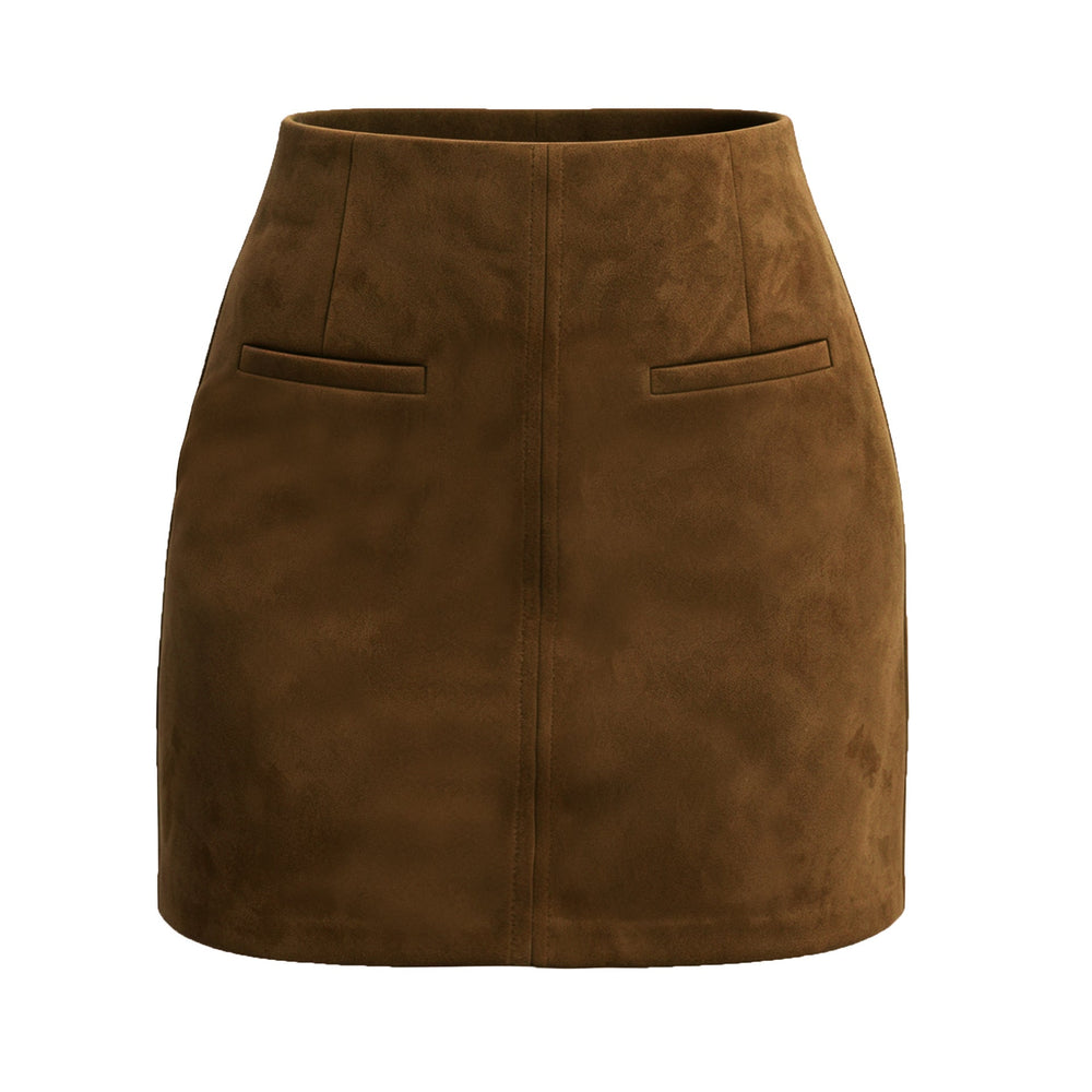 Autumn Winter Women Suede Pocket Skirt High Waist Zipper Solid Color Mini Skirt