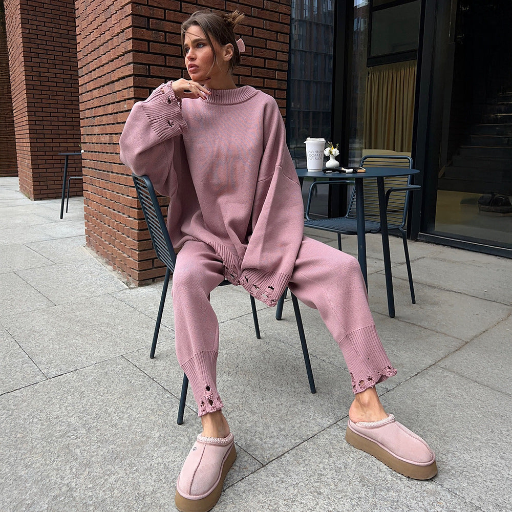 Ripped Sweater Women Autumn Winter Knitted Ankle Tight Pants Turtleneck Sweater Set