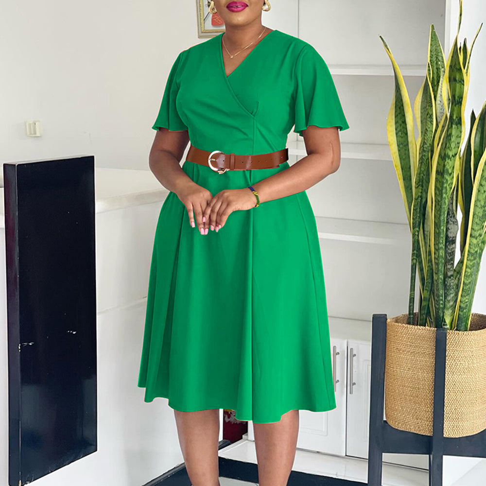 Women Clothing Elegant Solid Color V neck Flared Sleeves Dress