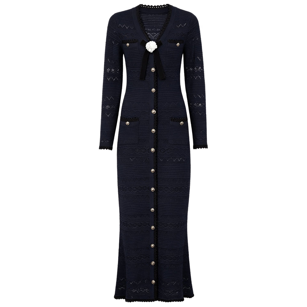 Spring Autumn Fashionable Knitted V neck Floral Slim Fit Slimming Long Sleeves Dress Women
