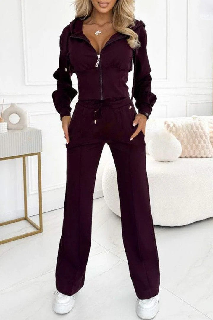 New Fall Winter Hooded Zipper Jacket Tight Fitting Solid Color Two Piece Sets