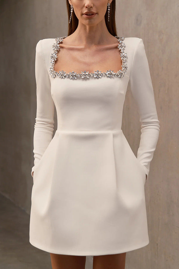 Women Spring Clothing Elegant Square Collar Diamond Inlaid Short Velvet Dress