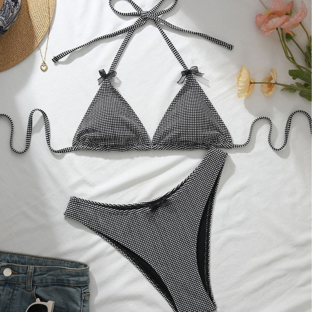 Black White Lattice Pattern Bow Halter Bikini Two Piece Sets