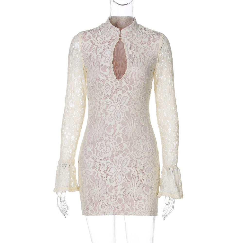 Women Clothing Winter Sexy Lace Cutout Package Hip Flare Sleeve Dress