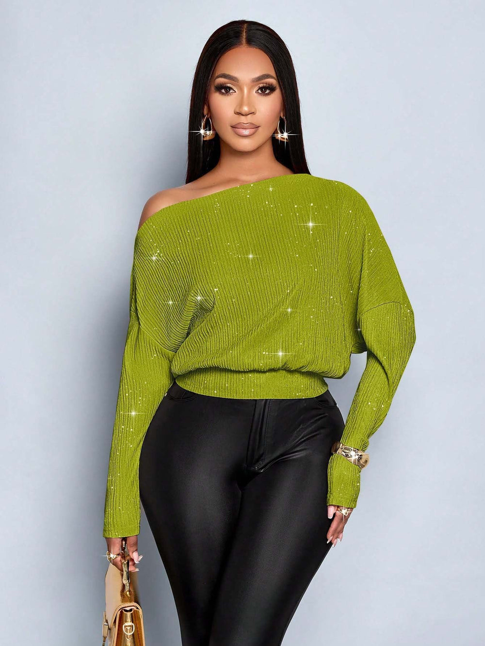 Sloping Shoulder off the Shoulder Sequ Loose Fitting Batwing Sleeve Waist Tight Sweater