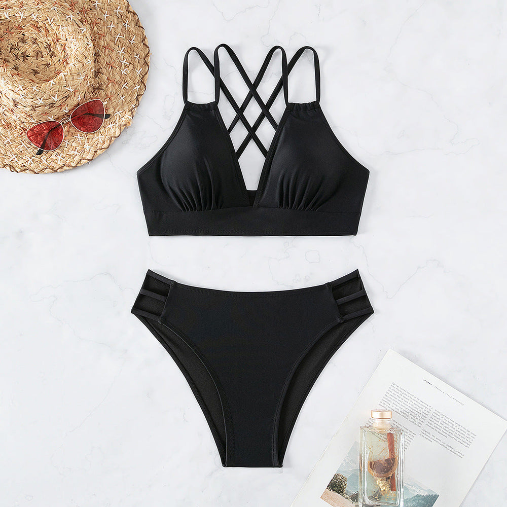 Bikini Solid Color V neck Backless Sexy Bikini Split Swimsuit Swimwear