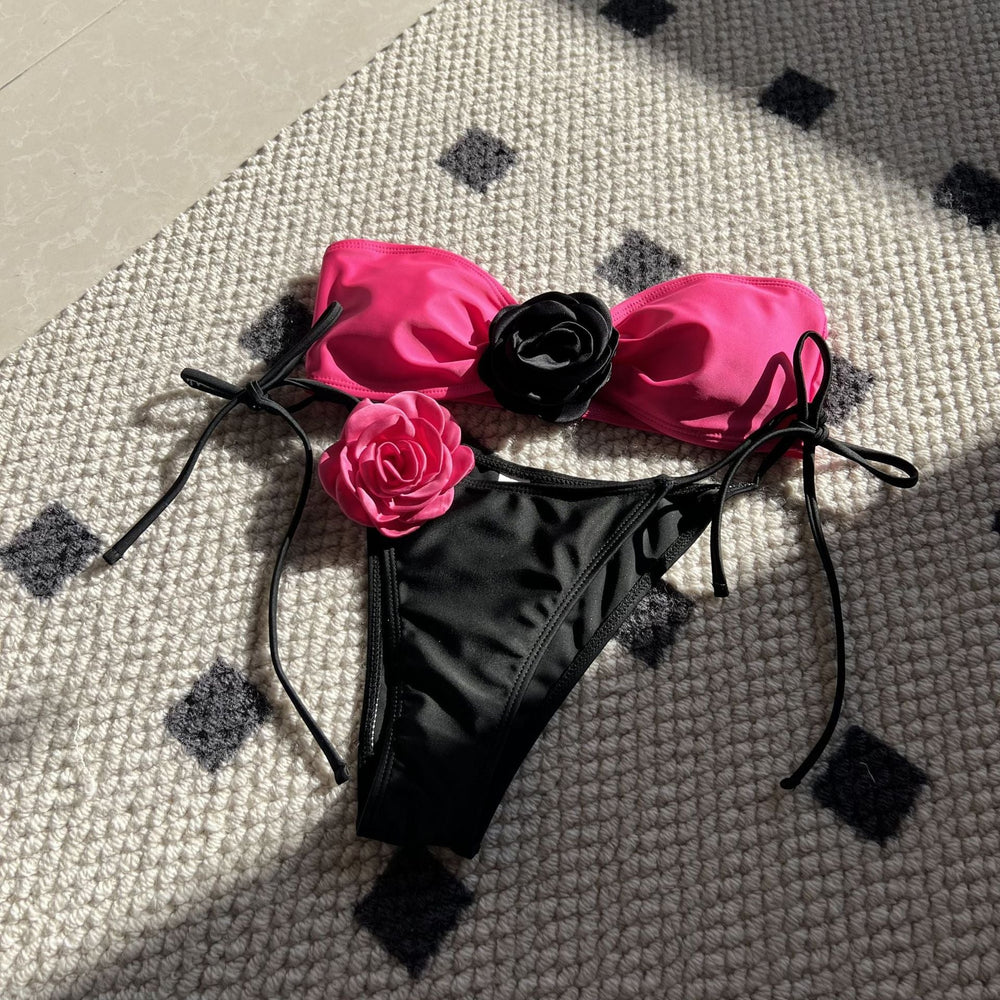 Color Matching Rose Tube Top Lace up Drawstring Strap Split Swimsuit Bikini