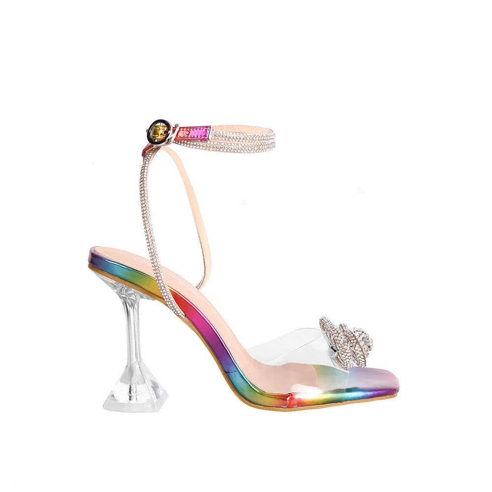 Bow Rhinestone High Heeled Sandals Women plus Size Square Toe Catwalk Sandals Heels
