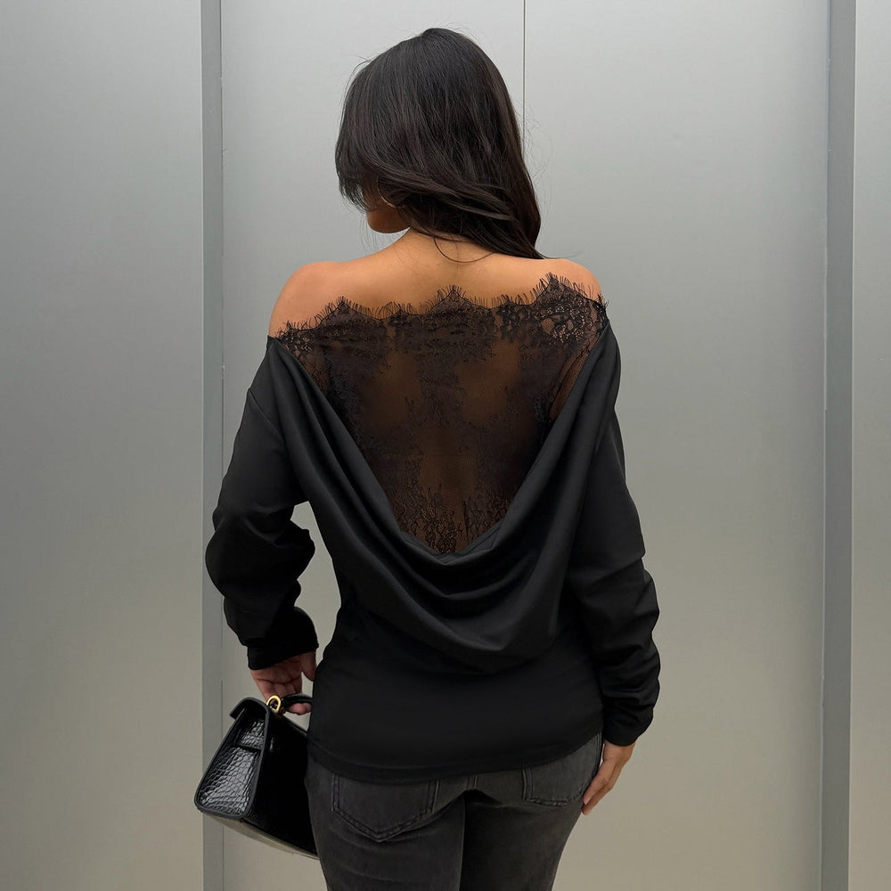 Black Sexy Lace Stitching Hollow Out Cutout out See through Backless Top Swing Collar off Shoulder Waist Controlled Long Sleeves T shirt