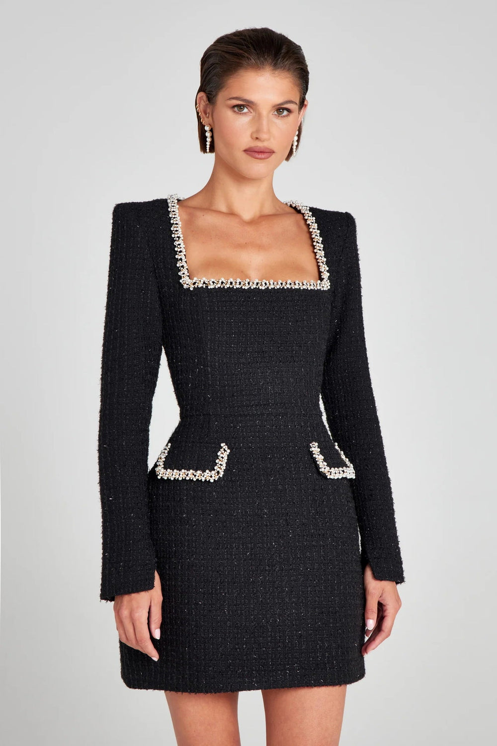 Elegant Slim Fit Slimming U Neck Long Sleeved Beaded Classic Dress Women