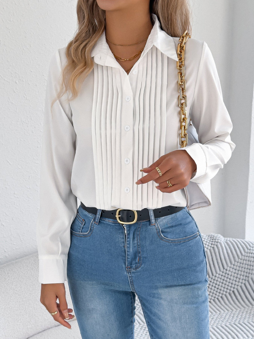 Women Clothing Spring Summer Elegant Pleated Solid Color Buttons Long Sleeve Office Shirt