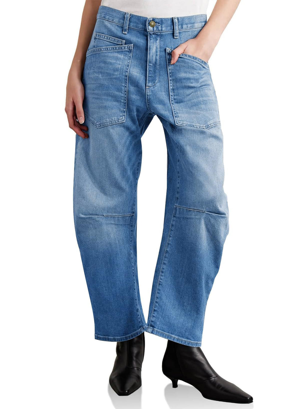 Retro Deconstruction Tooling Patch Pocket Washed Curved High Waist Jeans Women