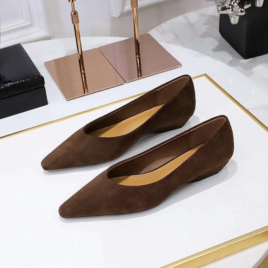 Daily Simple All Match Pointed Toe Shallow Mouth Low Heel Comfortable Suede Wedge Shoes Women Shoes