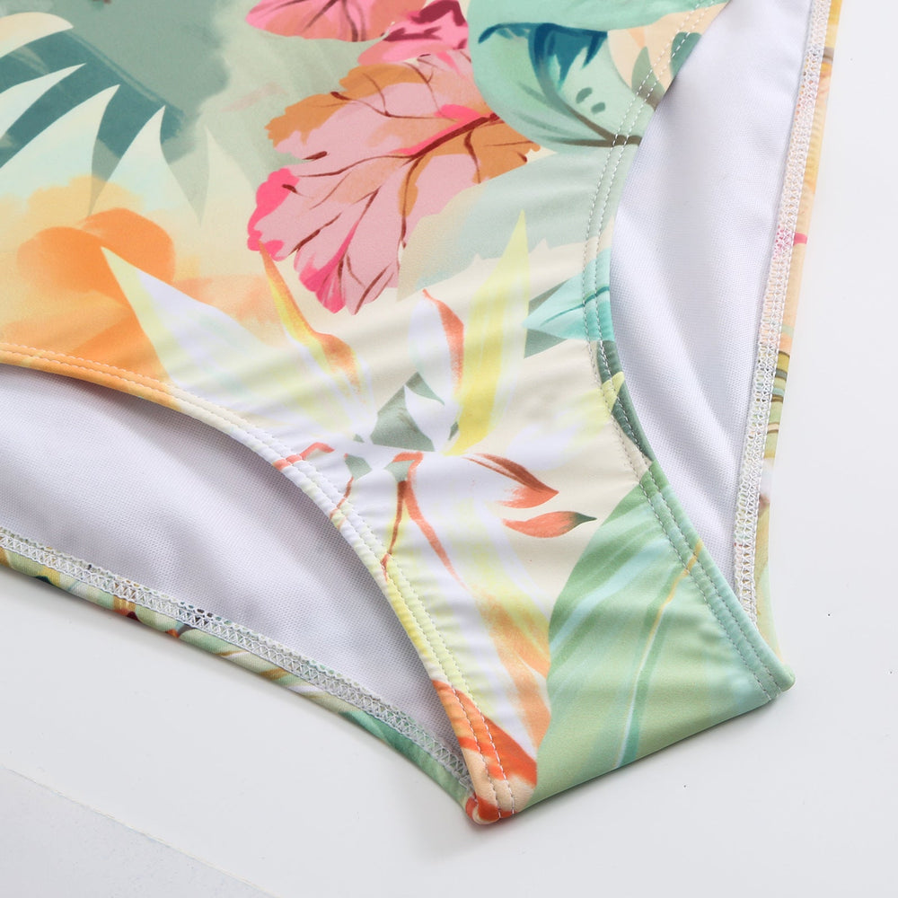 One Piece Swimsuit Women Conservatively Thin Vintage Printed Hard Bag Swimsuit with Steel Bracket Tulle Skirt