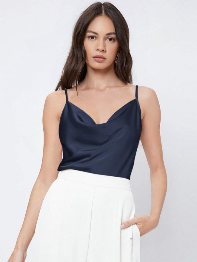 Inner Wear Silk like Satin Camisole Women Pile Collar Outer Wear Sexy Bottoming Swing Collar Short Top