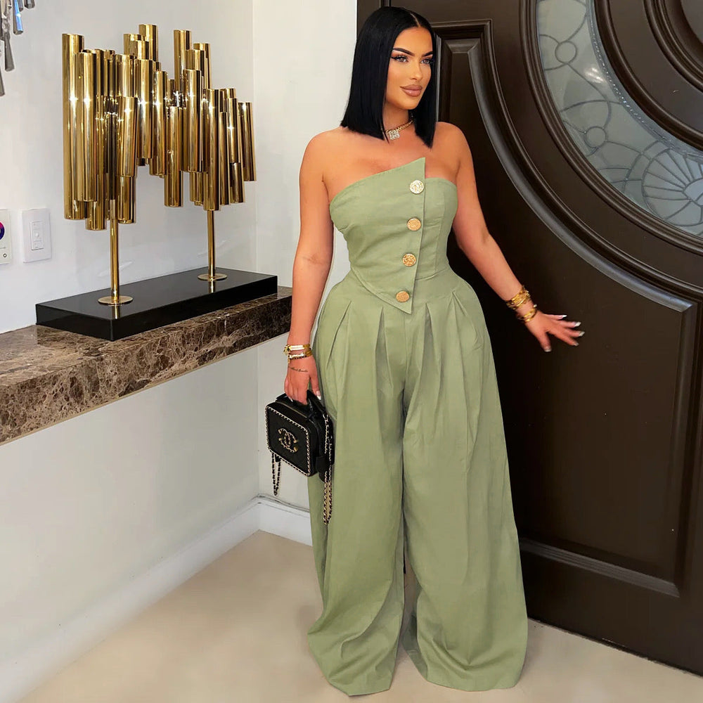 Women Wear Sexy Tube Top Sleeveless Metal Button Wide Leg Jumpsuit