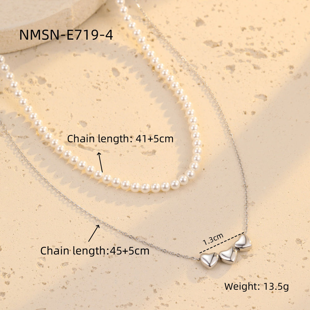 Wild Stainless Steel Necklace Pearl Heart Embellished Plated 18K Gold Titanium Steel Clavicle Chain Jewelry