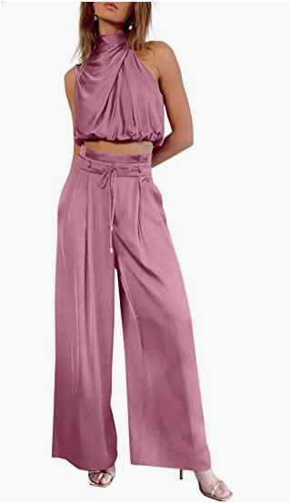 Women Casual Sleeveless Collar Two Piece Sets Wide Leg Pants Summer Cropped Top