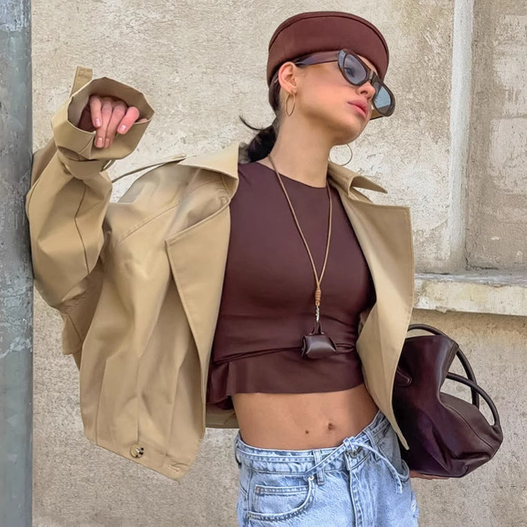 Autumn Khaki Double Breasted Collar Trench Coat Coat Casual Jacket for Women