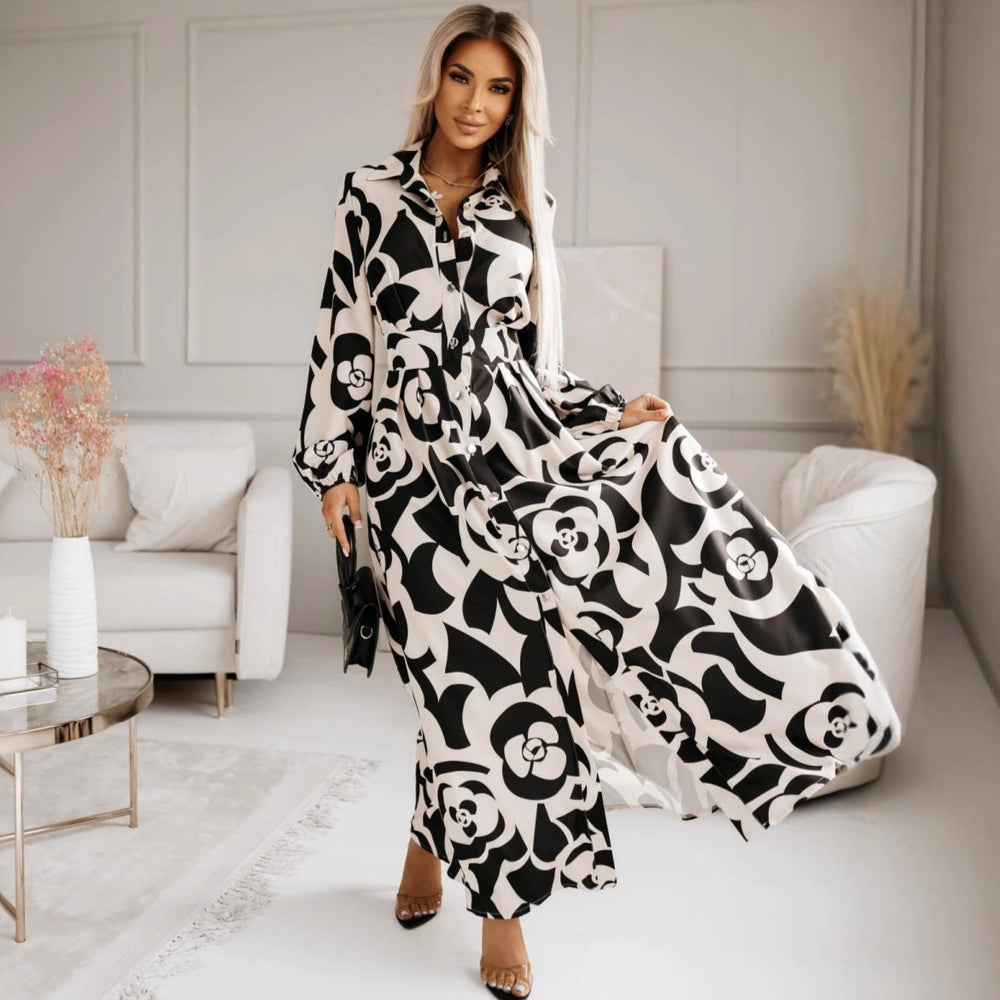 Women Clothing Dress Autumn Floral Print Slit Midi Dress Women Clothing