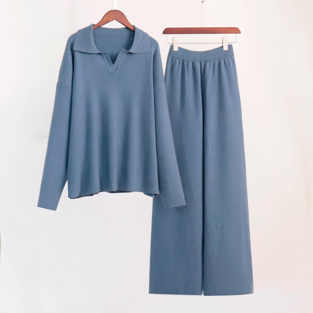 Knitting Suit Autumn Winter Sweater Polo Collar Knitted Pullover Wide Leg Trousers Two Piece Set