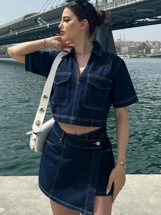 Workwear Denim Culottes Women Summer V neck Short Sleeved Top Summer Women Sexy High Waist Irregular Asymmetric