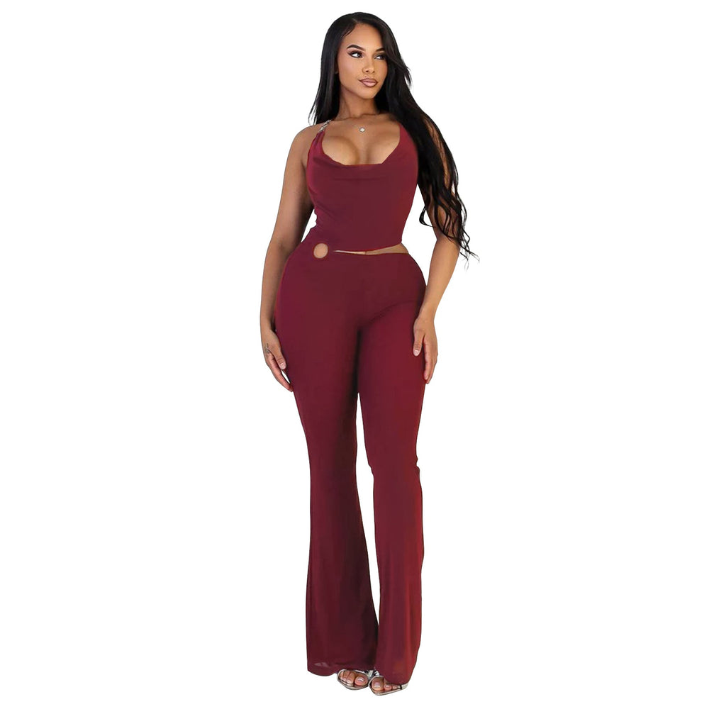 Women Clothing Supply Circle Decoration Sexy Halter Cropped Outfit Slim Fit Bodysuit