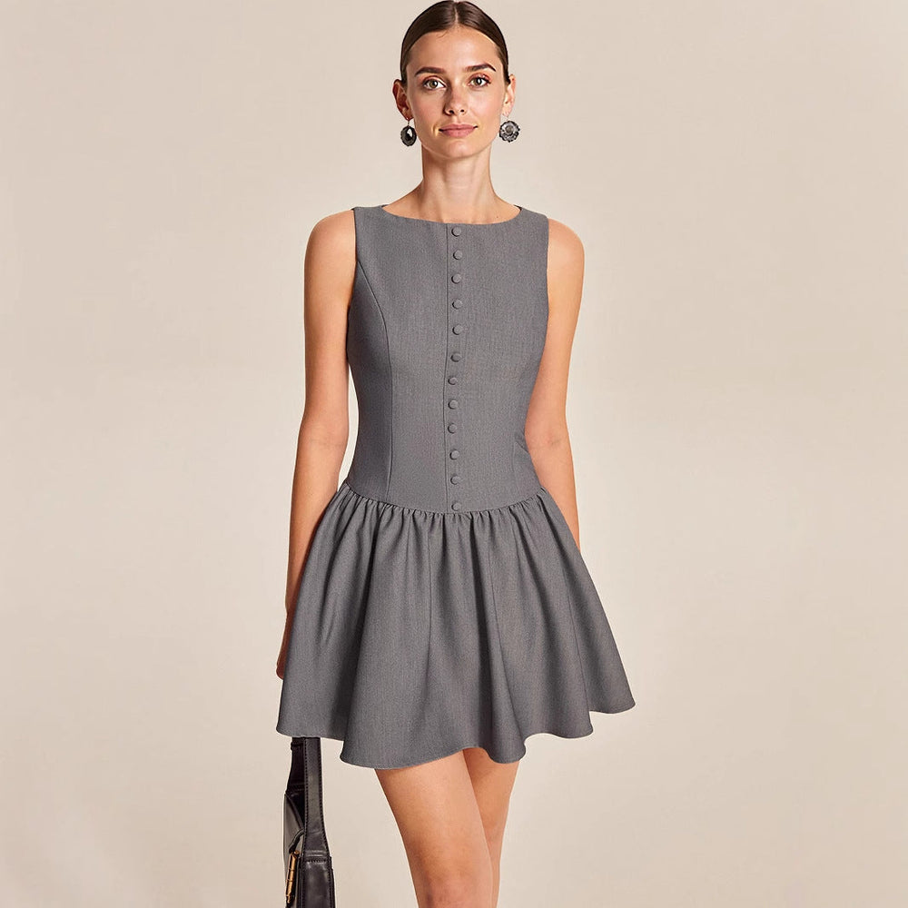 Summer Women Sleeveless Casual Button A line Dress Ruffled Elegant Mini Dress