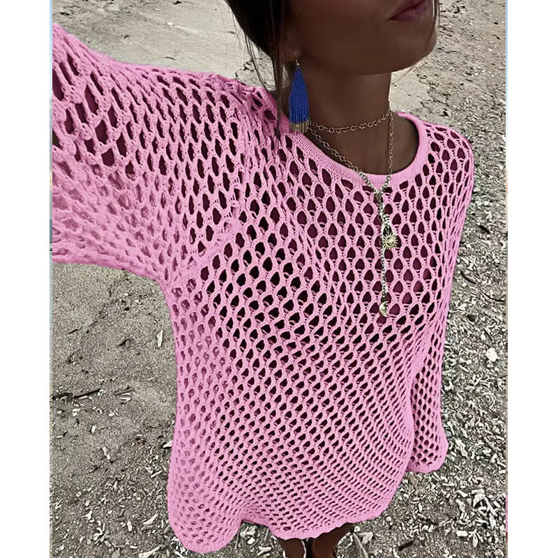 Knitted Hollow Out Cutout Sexy Sun Protection Shirt Bikini Cover-up Women Swimsuit Blouse Vacation Beach Outer Pullover