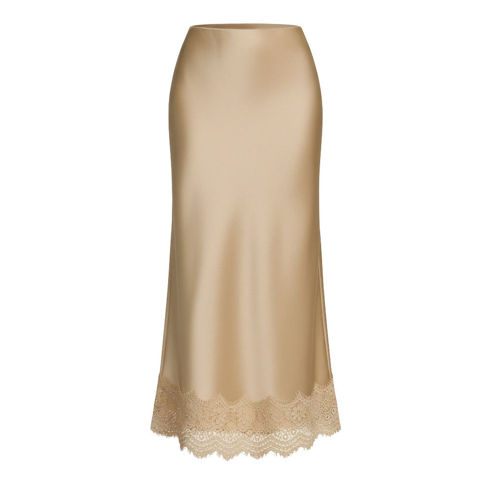 Women Clothing Lace Satin Skirt High Waist Elastic Elegant Sheath Skirt