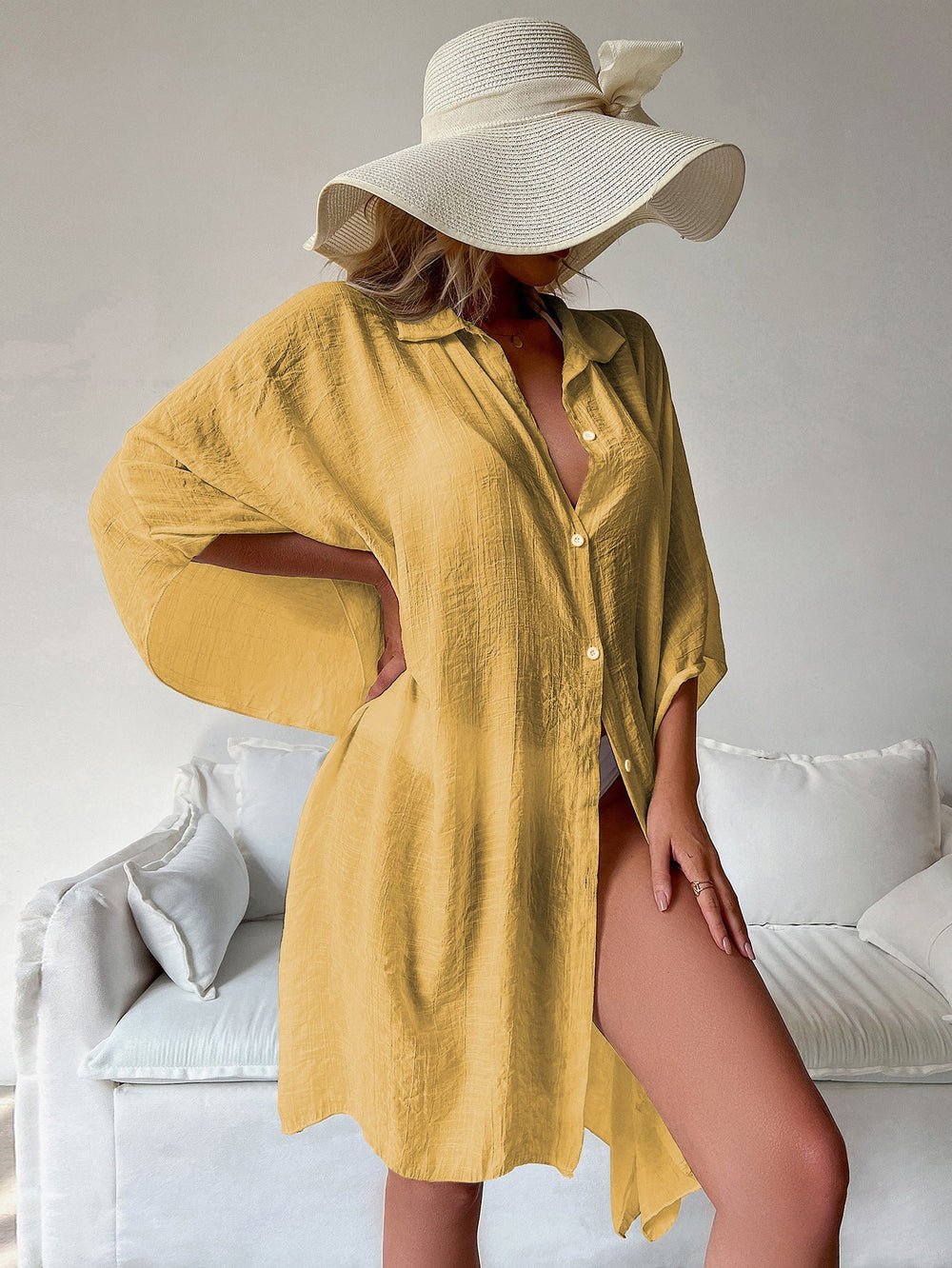 Bamboo Cotton Shirt Loose Beach Cardigan Vacation Sun Protection Clothing Beach Cover Up Swimsuit Outwear Cardigan