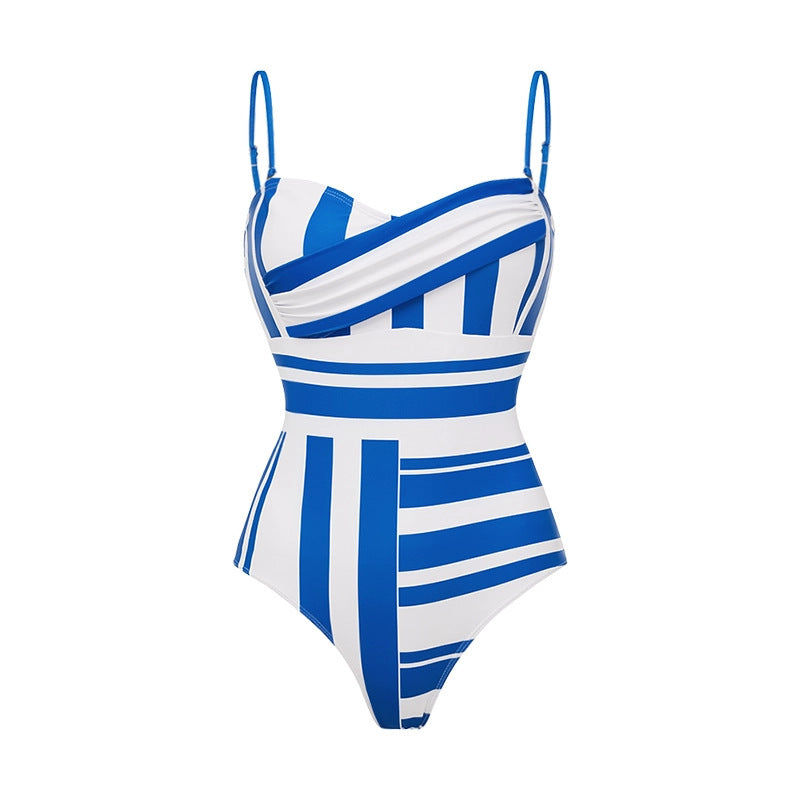 Women Swimsuit Simple Blue White Striped One Piece Swimsuit Skirt Sets