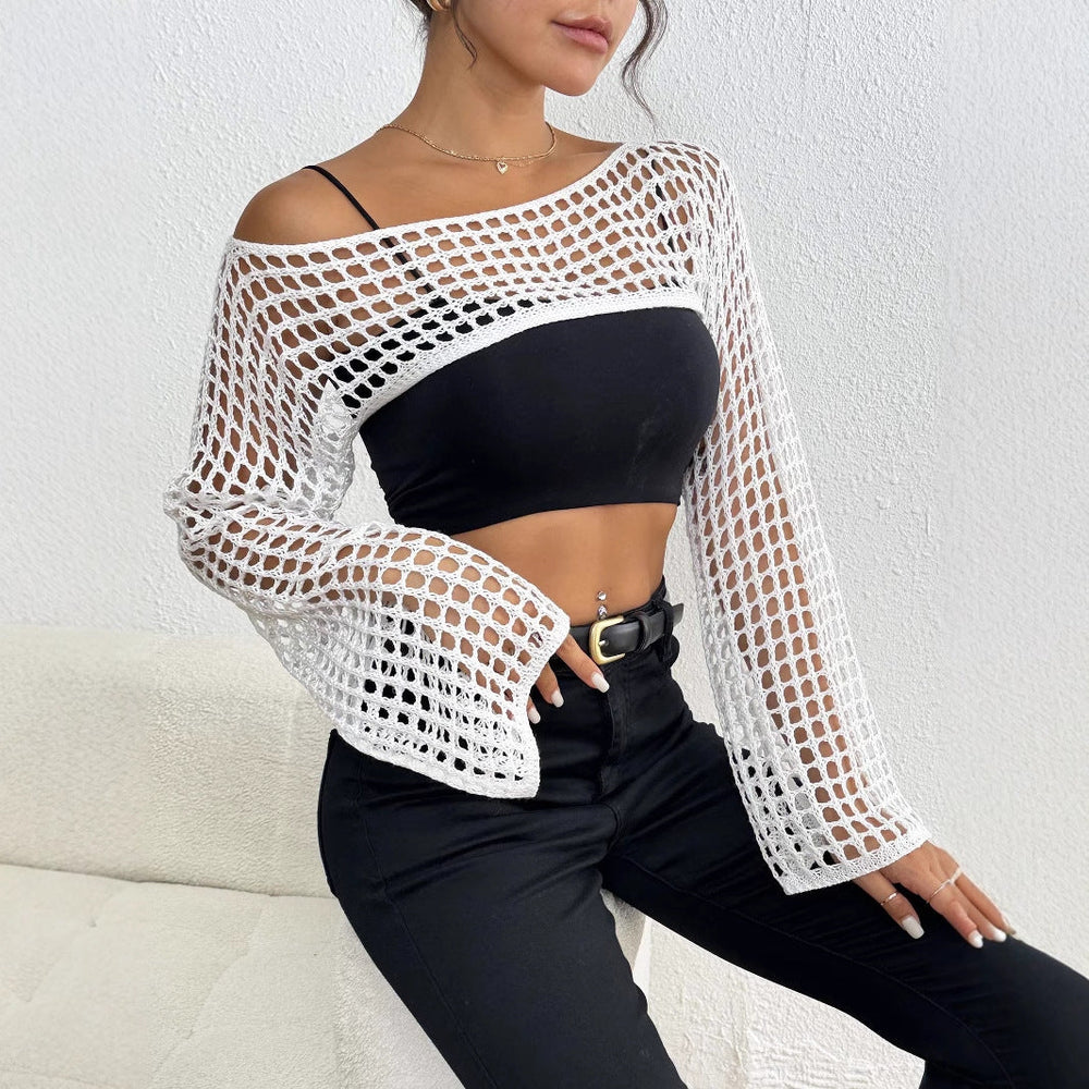 Spring Summer Beach Cover-up Women Clothing Short Top Casual off Neck Woven Shirt Short Top