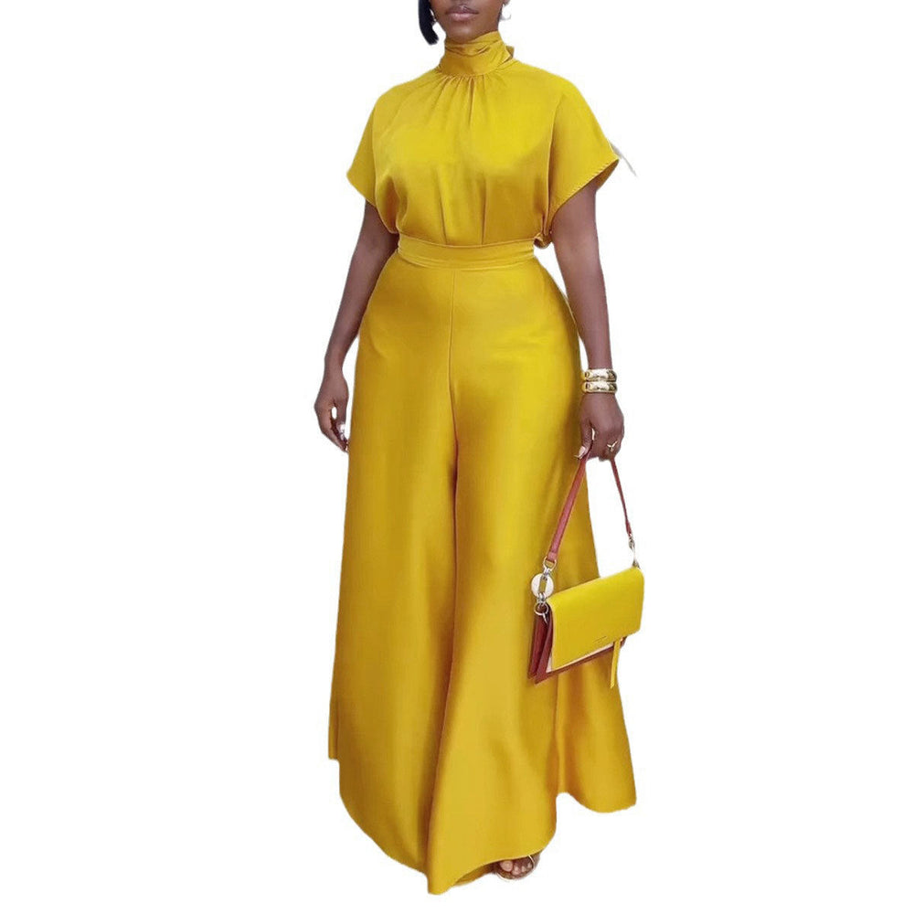 Satin Silky Strap Flounced Sleeve Wide Leg Two Piece Sets