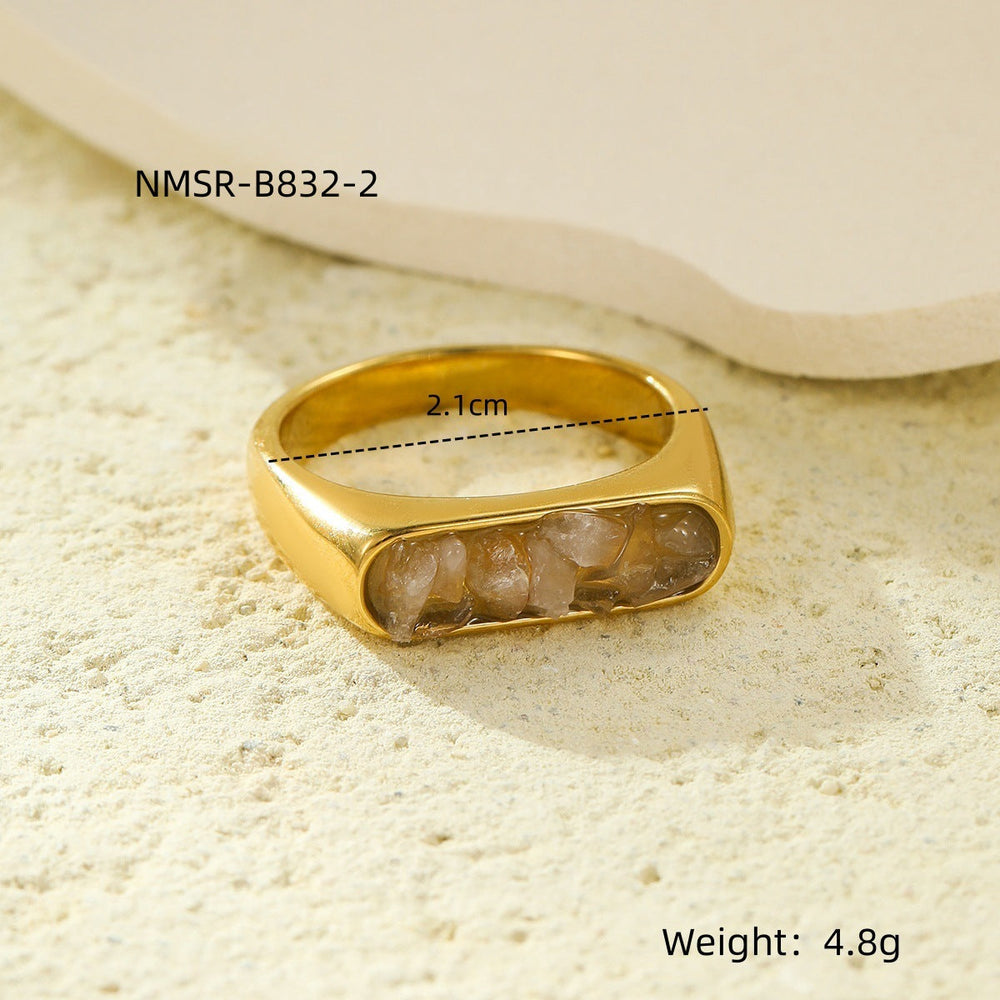 French Vintage Simple Inlaid Natural Stone Exquisite Elegant Stainless Steel Ring Rings All Match Jewelry Women