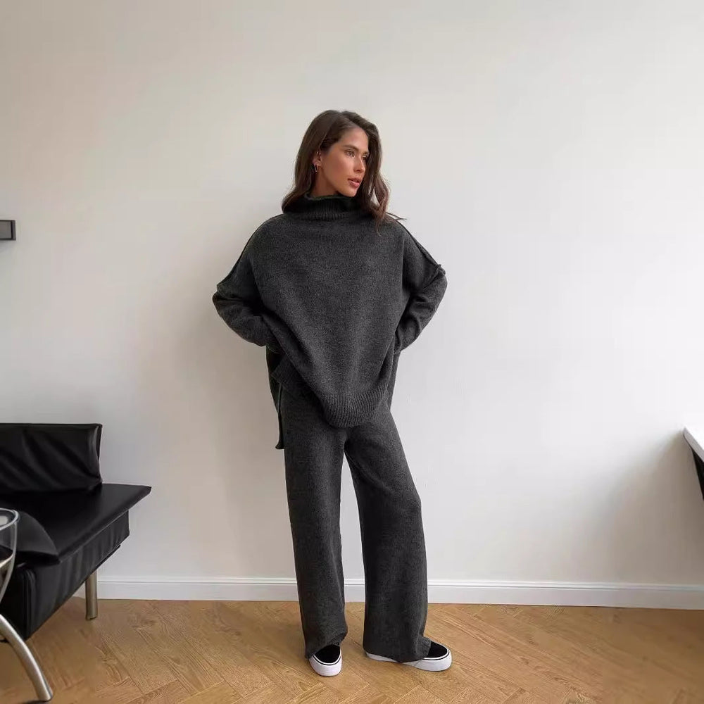 High Neck Split Wool Sweater Women Loose Casual Lazy Knitted Trousers Two Piece Set