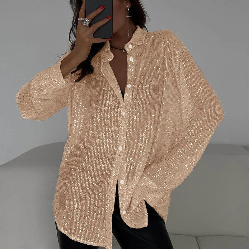 Spring Summer Sequin Top Collared Long Sleeve Cardigan Basic Women Clothing