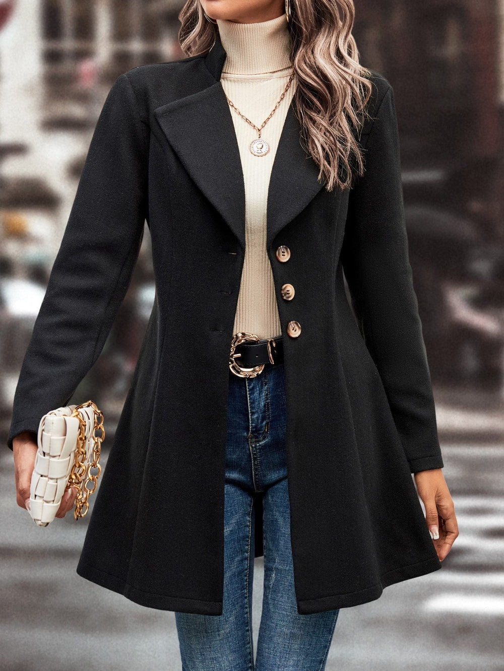 Women Clothing Fall Winter Lapels Slim Fit Wool Solid Color Coat