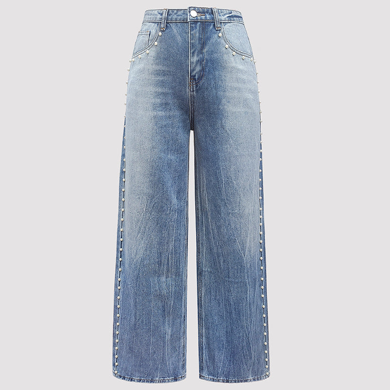 Women Clothing Autumn Magic Heavy Industry Metal Rivet White Pearl Straight Leg Denim